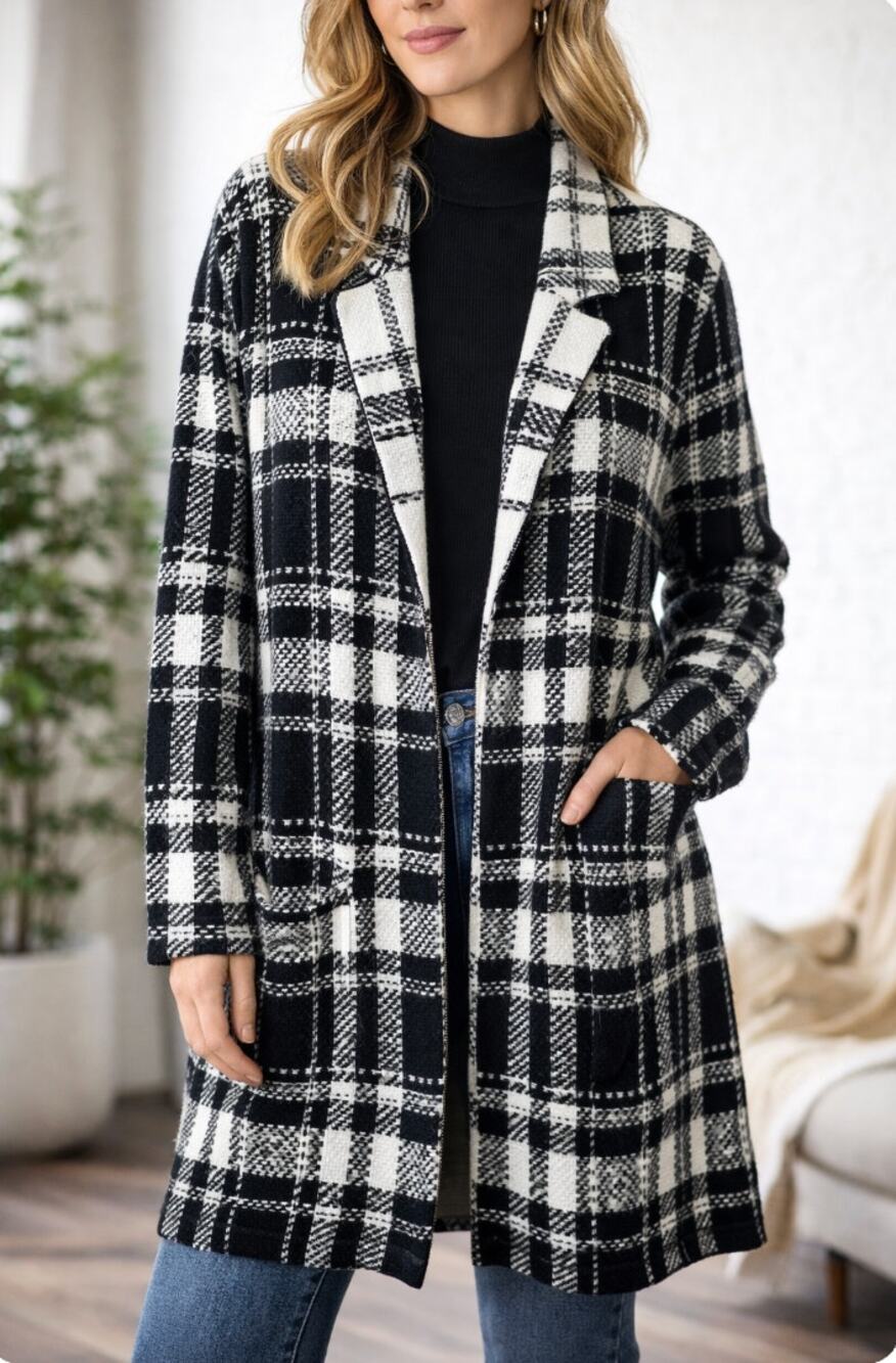 Chaps Ralph Lauren B&W  Plaid Open Front Coatigan Sweater Jacket S Old Money